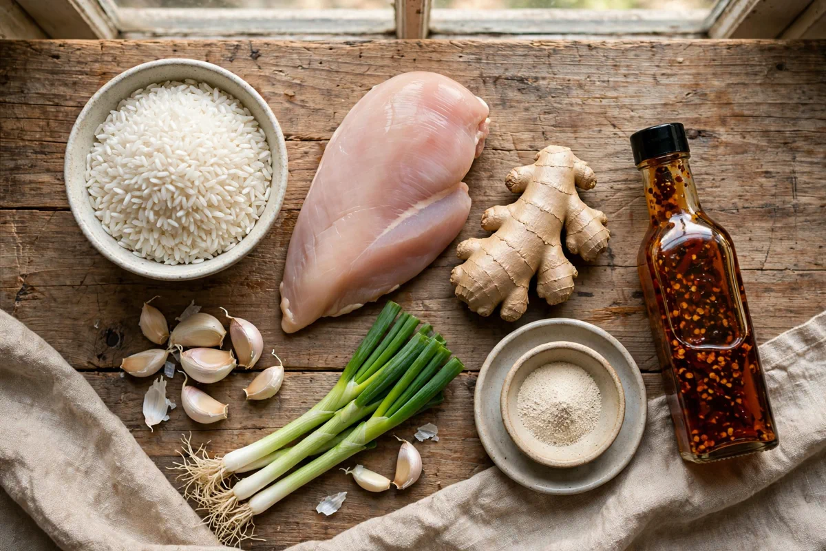 Easy Chicken Congee Recipe with Crispy Garlic and Chili Oil - prep