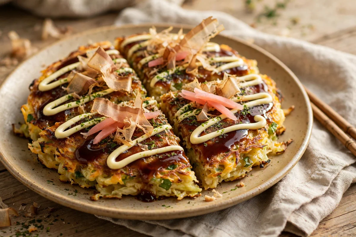 Easy Okonomiyaki (Japanese Savory Cabbage Pancakes) - plated