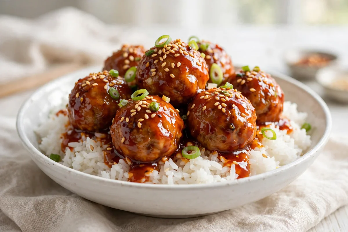 Gochujang Butter Chicken Meatballs (20-Minute Dinner) - plated