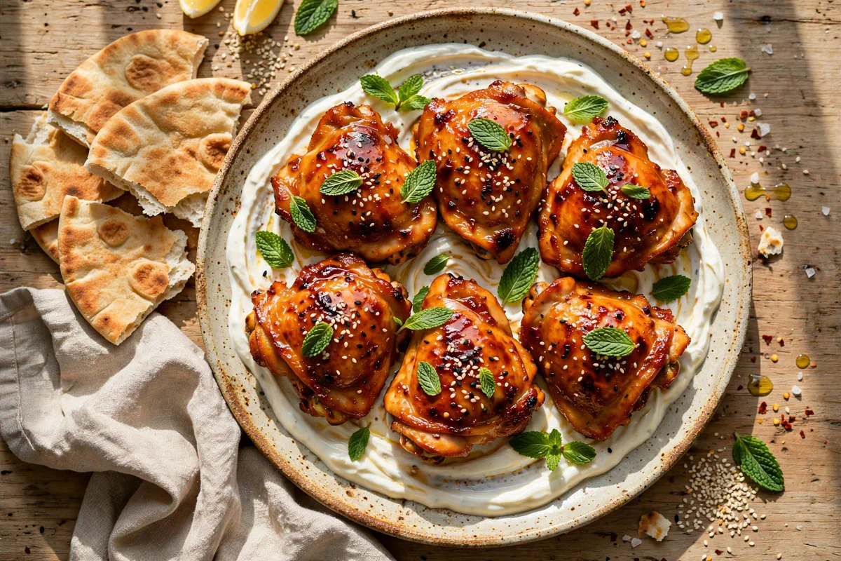 Harissa Honey Chicken Thighs with Yogurt Sauce - plated
