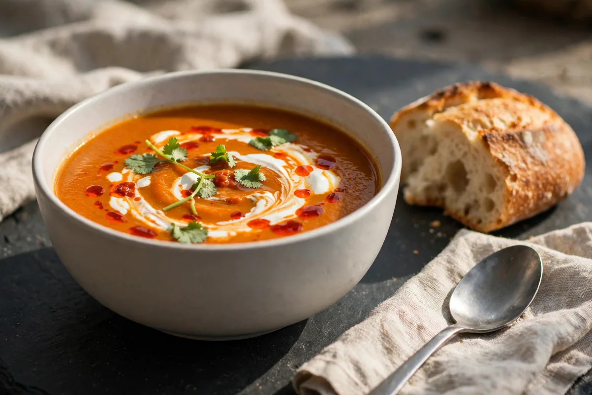 Roasted Carrot and Harissa Soup with Yogurt Swirl - plated