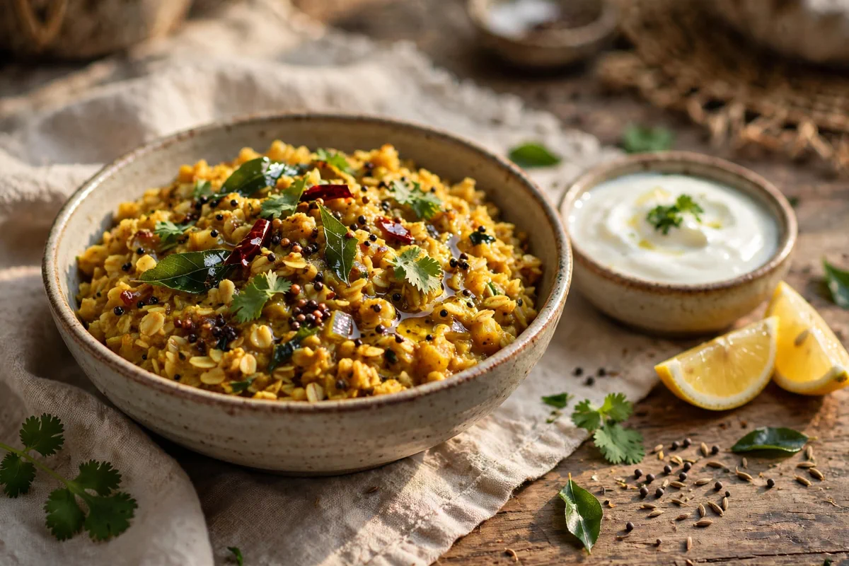 Masala Oats Recipe (Savory Indian-Spiced Oatmeal) - plated