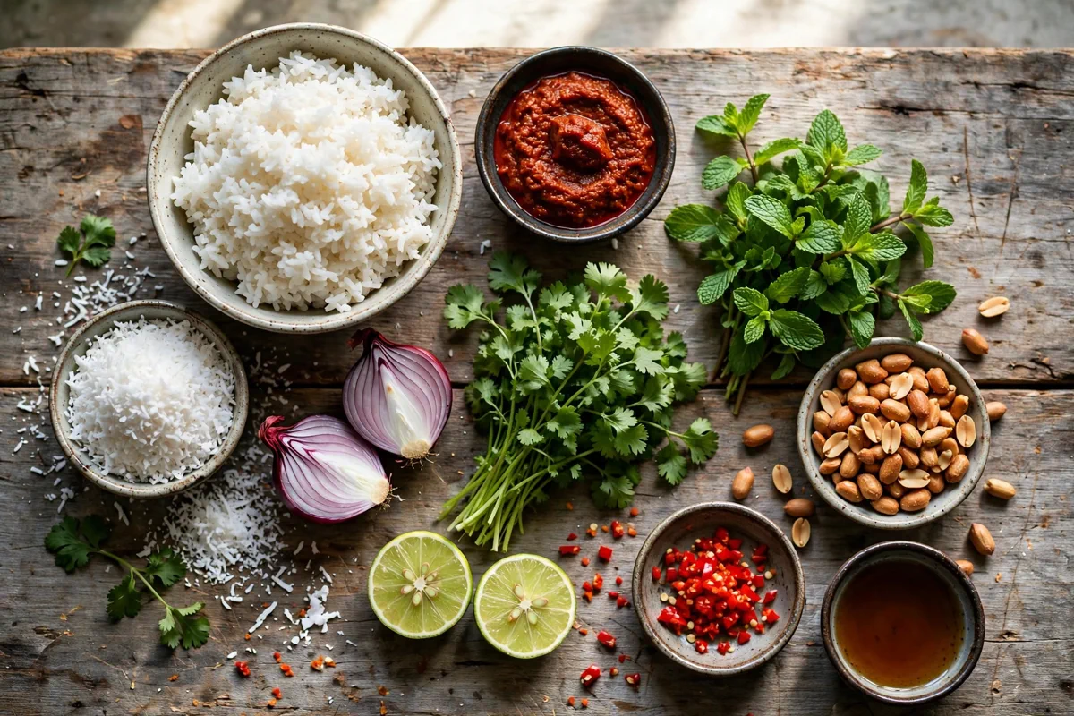 Nam Khao (Lao Crispy Rice Salad with Herbs) - prep