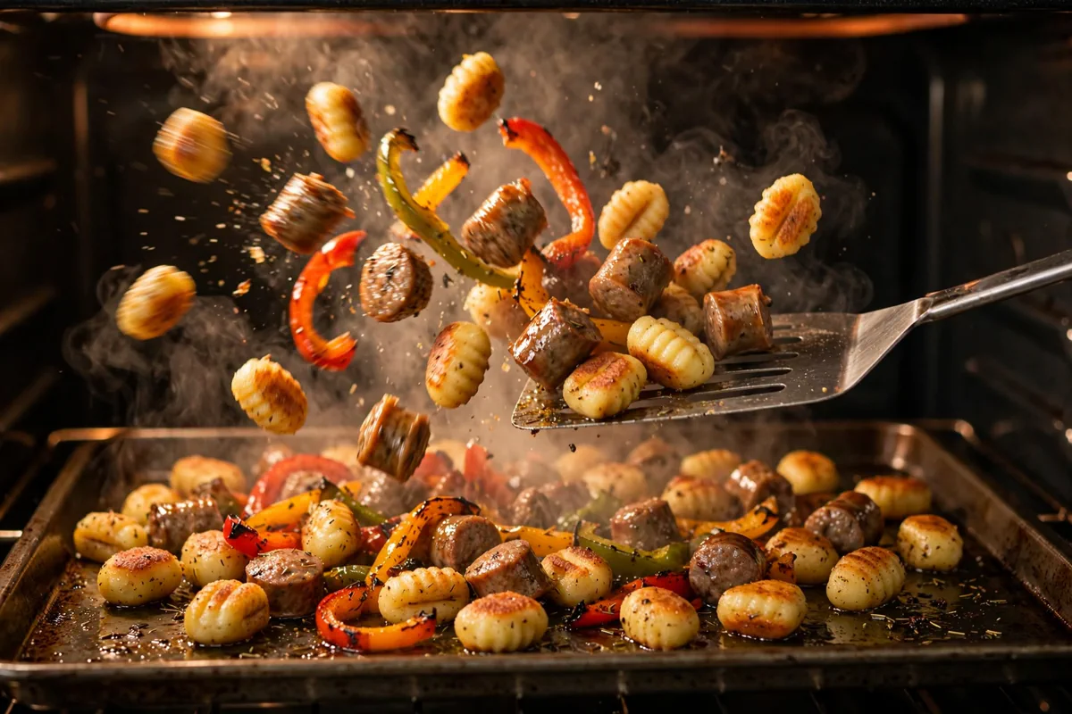 Sheet-Pan Crispy Gnocchi with Sausage and Peppers - cooking