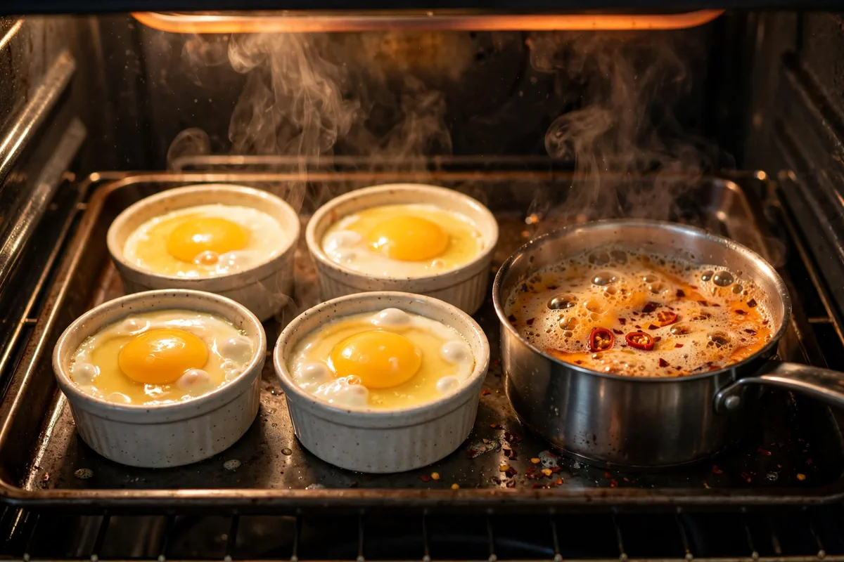Shirred Eggs with Chili Butter (Oven-Baked Eggs) - cooking