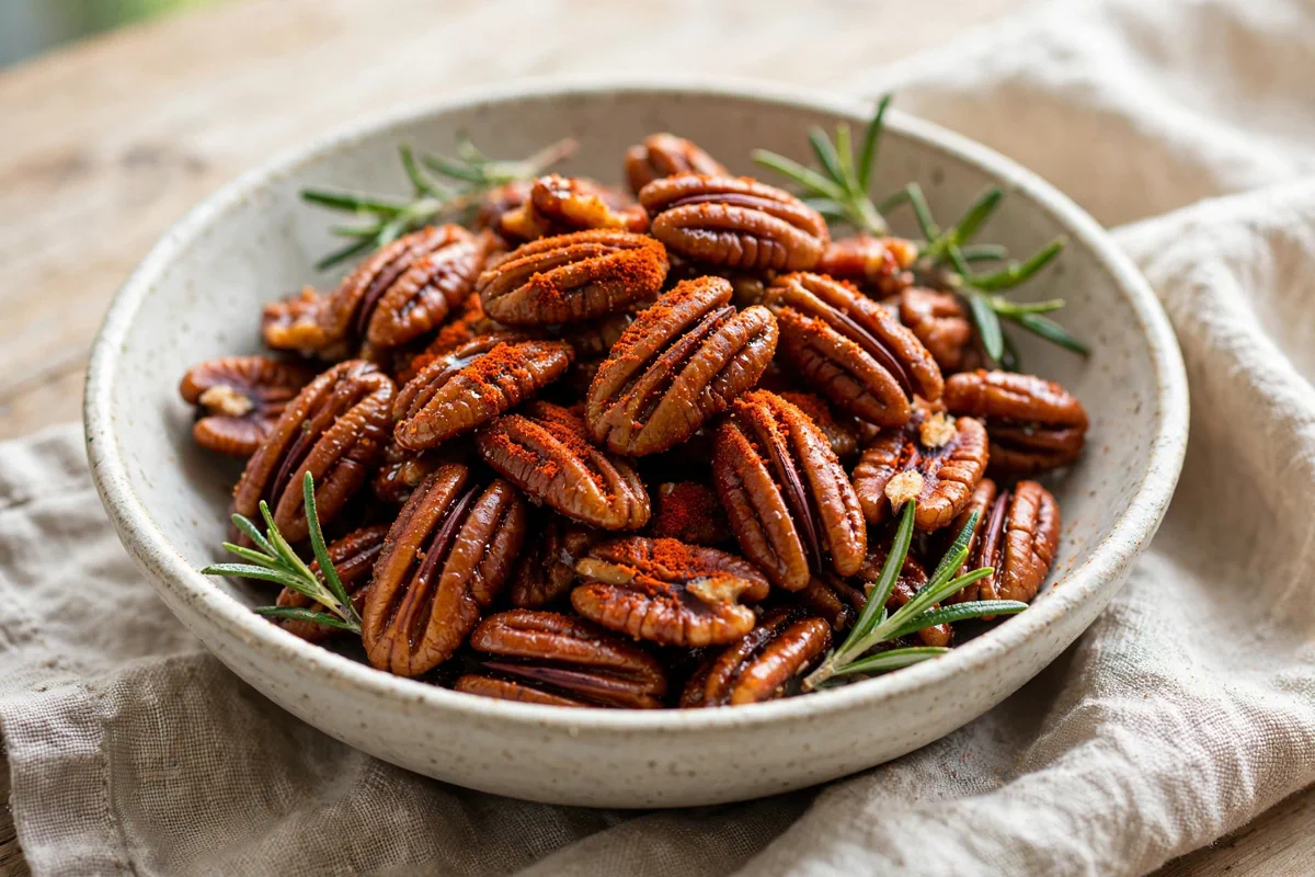 Smoked Paprika Candied Pecans (5 Ingredients) - plated