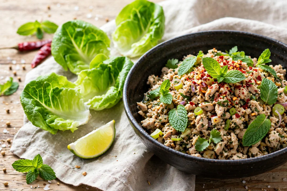 Larb Gai (Thai Minced Chicken Salad) - plated